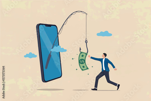 Businessman reaching for money on fishing hook dangling from smartphone screen symbolizing online scams and digital deception isolated on transparent background