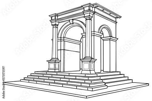 "A classical architectural sketch in monochrome, showing a grand arched entryway flanked by two large Doric columns. Each column sits atop a base integrated into a wide set of ascending stone steps. T