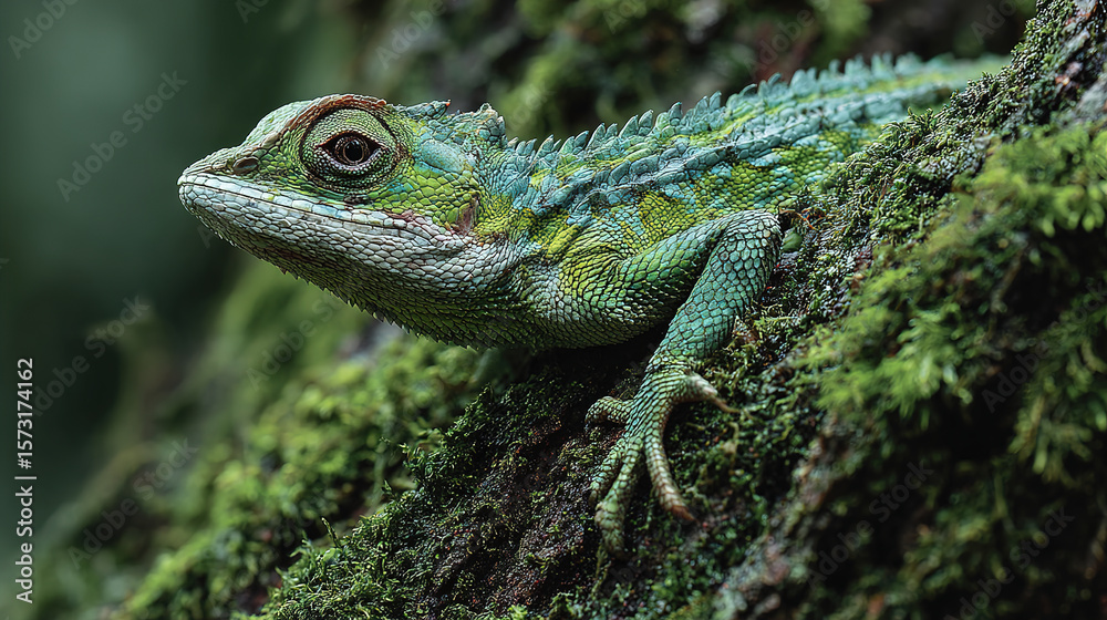 Obraz premium A detailed shot of a green lizard, beautifully showcasing its texture and vibrant colors in its natural environment.