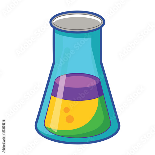 Colorful liquid layers in a science laboratory flask on a white background