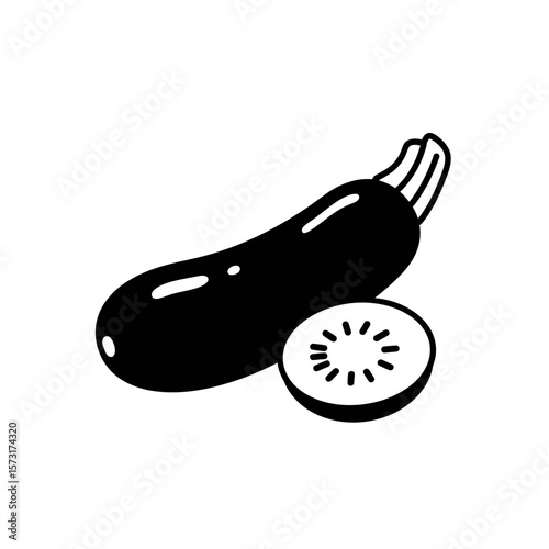 A zucchini and a slice in black and white design silhouette