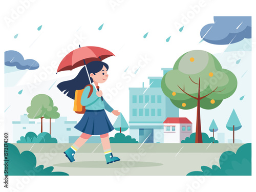 Young girl with backpack walks under umbrella in the rain with city buildings and trees isolated on white background
