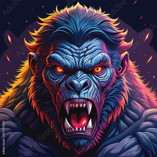 Angry Gorilla Face Illustration with Muscular and Chiseled Features Design