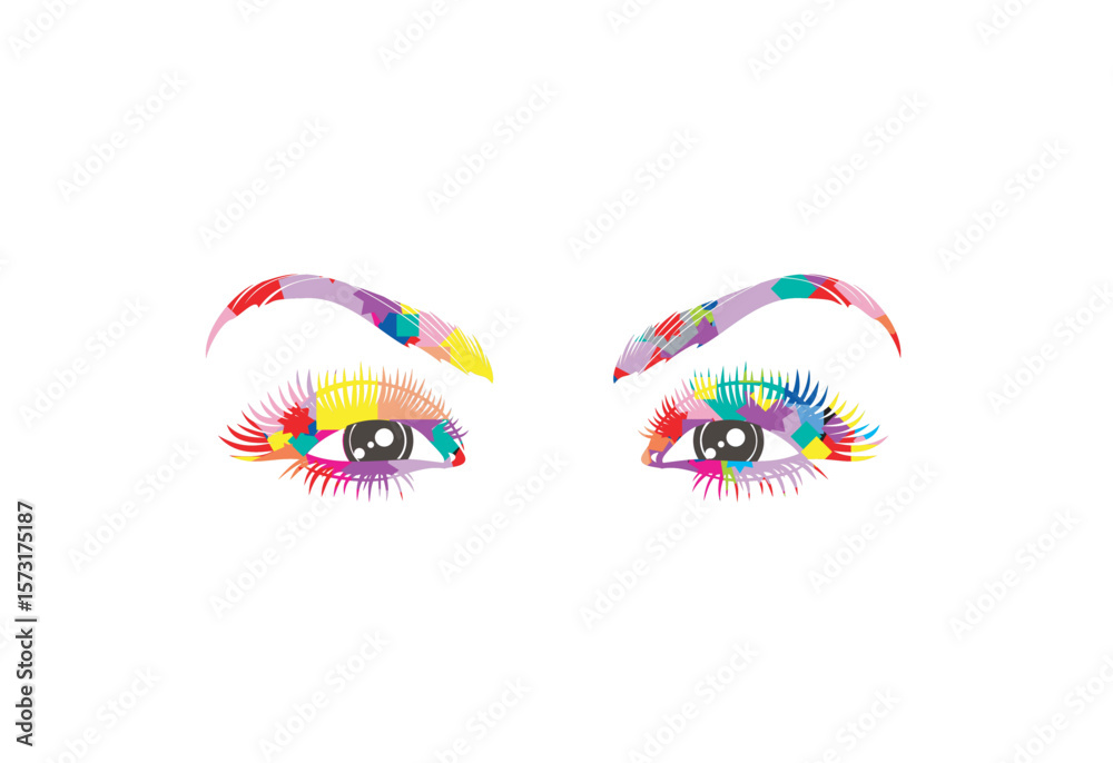 Obraz premium illustration of a pair of women's eyes with eyebrows and eyelashes in the form of a colorful collage