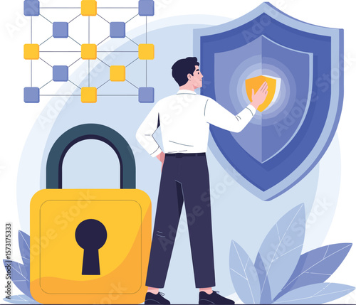 Man interacting with digital security shield and padlock representing data protection