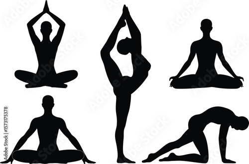 Collection of five black yoga silhouette poses