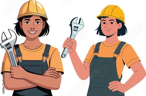 Two diverse women construction workers with hard hats and wrenches