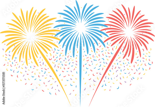 Three colorful abstract fireworks explode with confetti