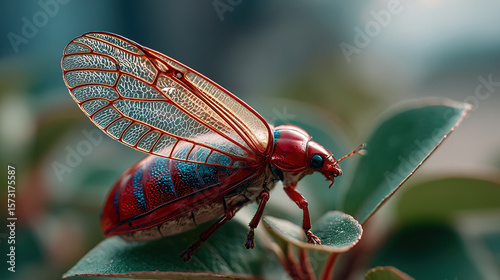 A captivating macro image of a vibrant red beetle resting gracefully on a leaf with delicate wings.