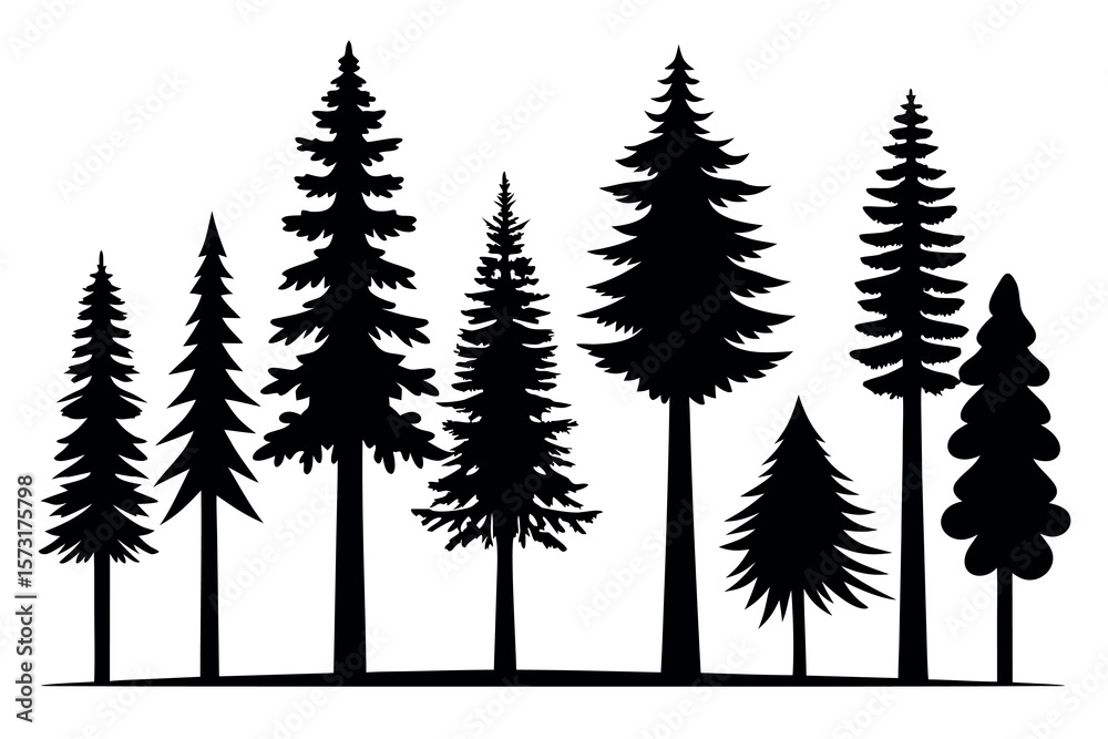 Obraz premium Evergreen Pine Tree Silhouettes – Black Vector Forest Trees Collection Isolated on White Background