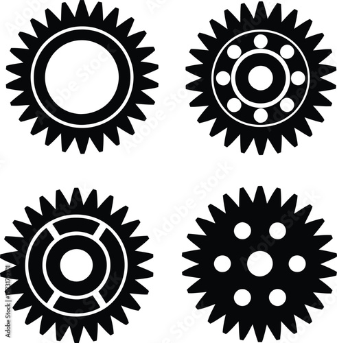 Four black gear icons with different internal designs 