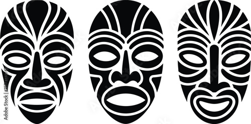 Three stylized black tribal masks with bold lines and open mouths