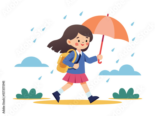 Cute cartoon girl walking with umbrella and backpack in the rain isolated on white background
