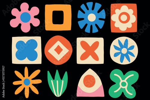 Mid Century Modern Geometric Shapes Set With Abstract Floral Designs And Organic Forms In Retro Color Palette