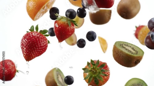 Assorted fresh fruits falling through air in slow motion on white background.