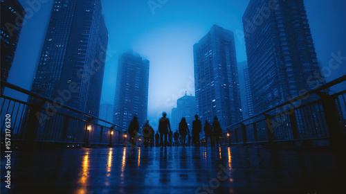 Silhouetted figures walk across a wet bridge at night in a moody cityscape.