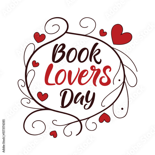 Book lovers day handwritten text with decorative swirls and hearts