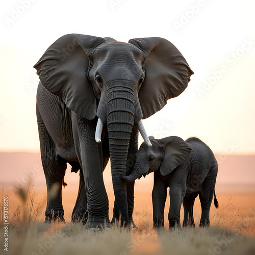 Elephant and Calf at Sunset – Majestic Wildlife Photography in African Savannah