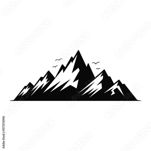 Jagged mountain range peaks with flying birds silhouette