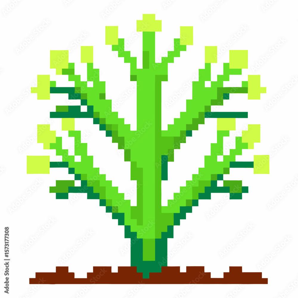 Fototapeta premium Pixel art green plant sprouting from brown soil retro digital nature, minimalist growth, agriculture and garden concept