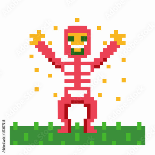 Pixel art red skeleton character cheering with raised arms, smiling face and golden sparkles on green grass, retro game