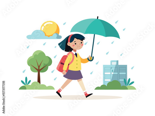 Happy cartoon school girl with backpack walking with umbrella in the rain isolated on white background
