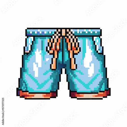 Pixel art swimming shorts, blue drawstring beachwear with shiny highlights, summer fashion, retro digital illustration