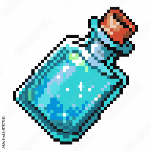 Pixel art blue potion bottle with cork stopper, vintage retro game object, digital pixelated elixir icon illustration