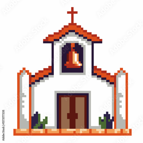 Pixel art church building with bell tower and cross retro design, vintage chapel entrance, red roof, white walls, desert landscape
