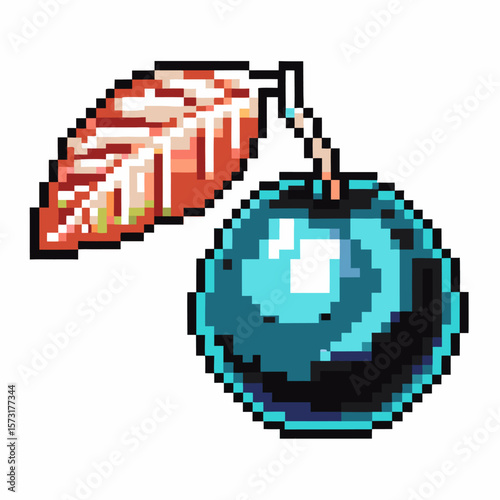 Pixel art blue plum with single leaf retro digital fruit illustration, 8 bit style, isolated glossy juicy design