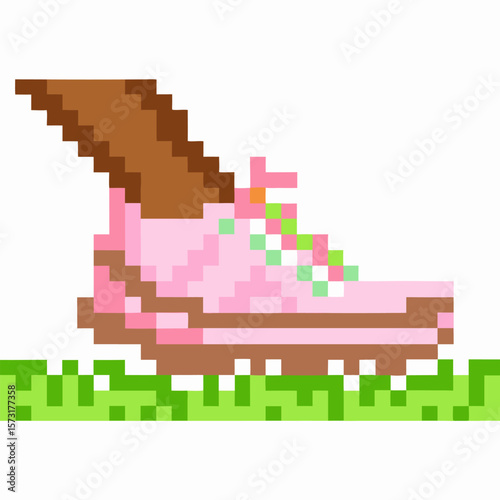 Retro pixel sneaker in pink with chocolate bar, fun digital art shoe design, quirky creative footwear on grass