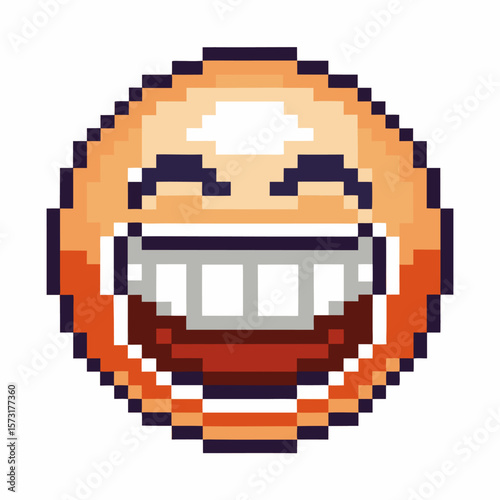 Pixelated happy face emotion with wide toothy grin retro 8 bit laughing smile, digital internet emoticon icon