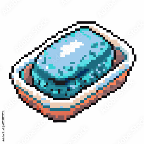 Blue soap bar in dish, pixel art retro cleaning hygiene icon, bathroom accessory, handwashing, sanitation concept