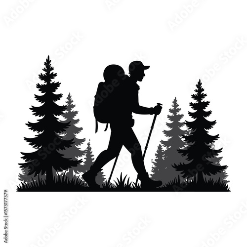 Hiker with backpack and poles walking through pine forest silhouette