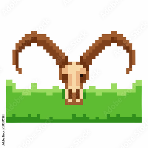 Pixel art ram skull with curved horns displayed on green grass, retro game icon, minimalist animal remains, isolated graphic