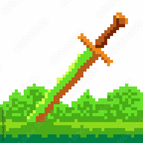 Pixel art fantasy sword in green pixelated grass, retro video game weapon, 8 bit digital illustration, adventure quest icon