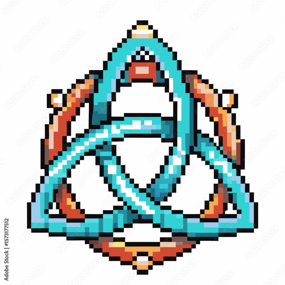 Fototapeta premium Pixel art triquetra symbol with intertwined blue, orange lines celtic knot design, geometric shape, retro digital illustration