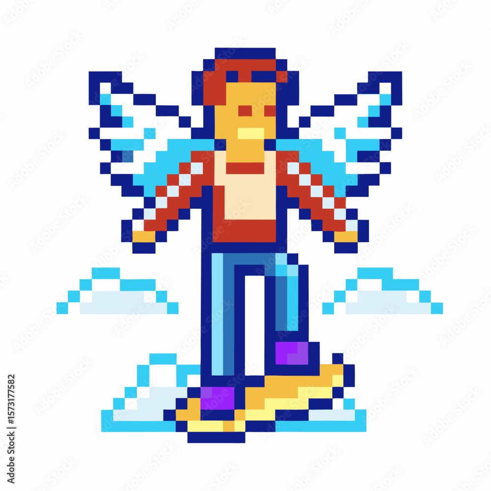 Fototapeta premium Pixel art flying character with angel wings, floating on clouds in retro 8 bit style, fantasy adventure gaming design