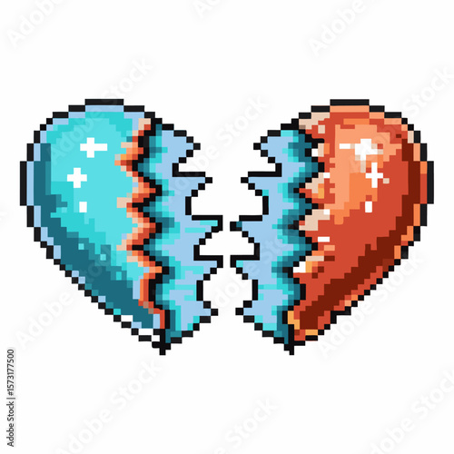 Pixel art broken heart split in two, blue and red halves retro digital love, heartbreak, sadness, emotional separation concept