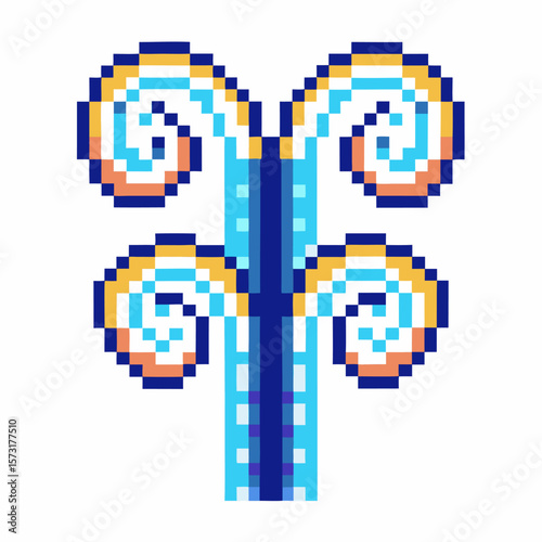 Pixel art ram aries zodiac sign with stylized curly horns, blue geometric lines, vibrant symmetrical design, retro digital