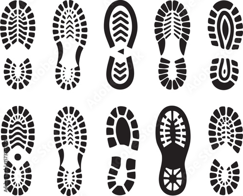 Black Shoe Print Silhouettes On White Background Footprint Pattern Collection Footwear Tread Designs For Graphics And Illustrations