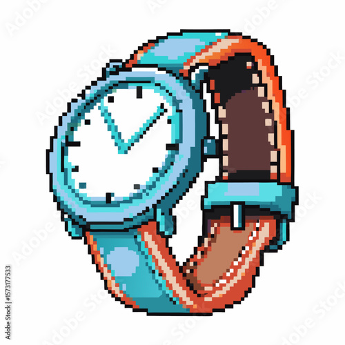 Pixel art wristwatch with blue and orange strap, retro illustration, analog watch showing time, digital vintage design