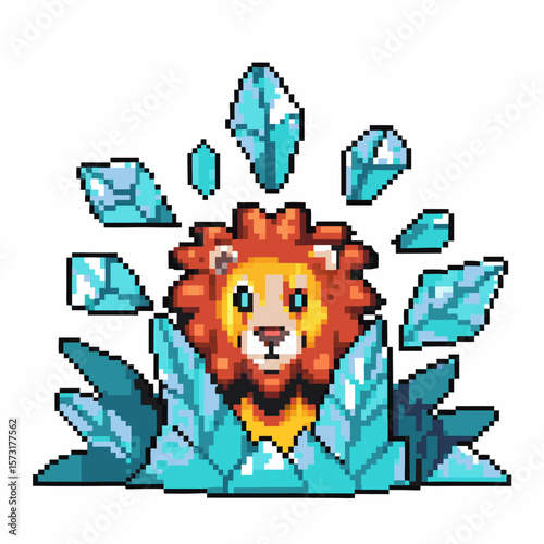 Regal pixel lion surrounded by blue crystals retro 8 bit king animal, powerful fantasy beast, vibrant digital art illustration