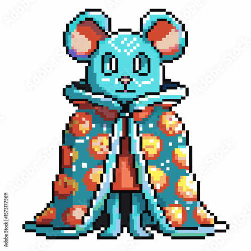 Pixel art blue mouse in ornate celestial robe with orange spots, fantasy wizard character, magical animal concept