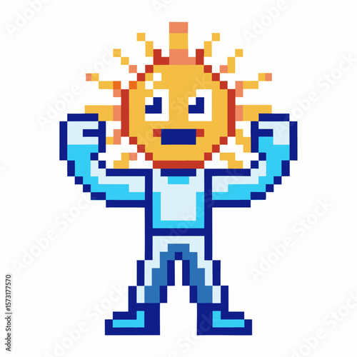 pixel art cheerful sun character flexing arms vibrant retro video game mascot with bright smile and energetic pose