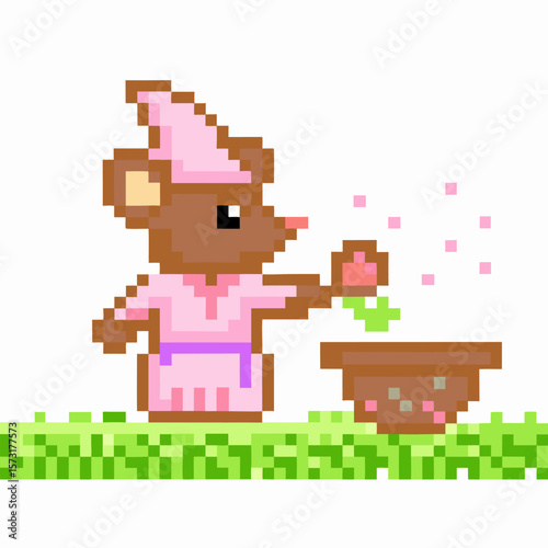 Pixel art mouse wizard in pink robe casting magical spell with sparkles over cauldron on grassy ground, fantasy gaming sprite