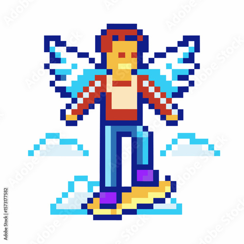 Pixel art flying character with angel wings, floating on clouds in retro 8 bit style, fantasy adventure gaming design