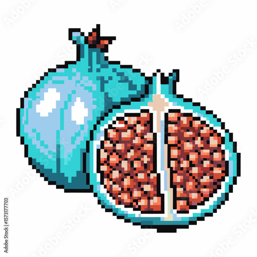 Pixel art blue pomegranate with seeds vibrant fruit illustration, whole and half cut, retro digital style, creative pop colors