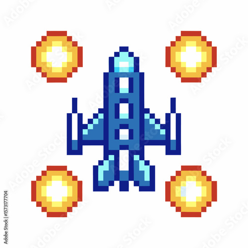 Pixel art spaceship shooting retro arcade video game blue rocket with fire blasts, isolated white background, 8 bit