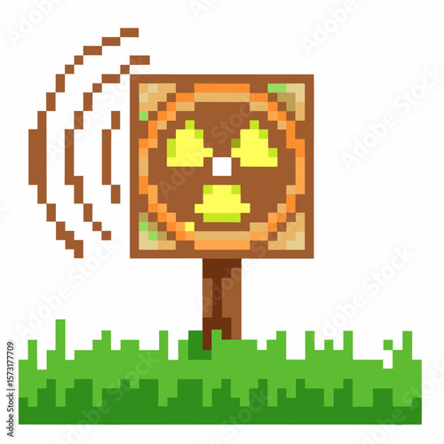 Pixel art radioactive warning sign on grassy ground hazard, danger, pixelated caution symbol, retro game environment